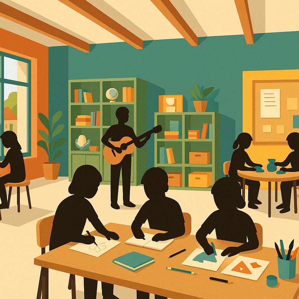 Groupe d’apprenants en Europe suivant un atelier de langue