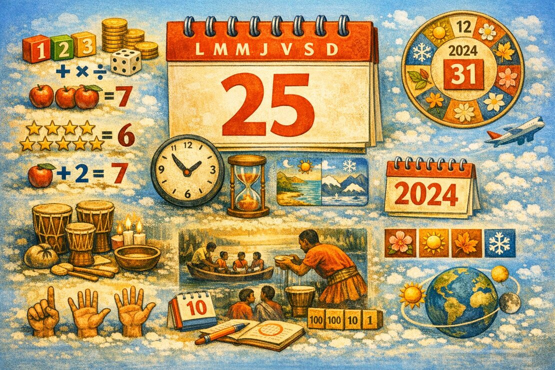 Illustration de chiffres, calendrier et horloge pour apprendre les nombres